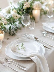 Fototapeta premium Elegant dining setup with white plates and floral decorations for a special occasion at a tasteful venue. Generative AI