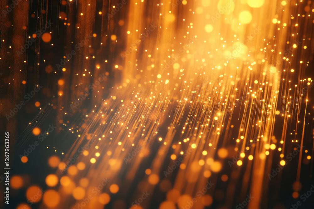 Poster golden light streaks and sparkling particles descend on a dark background, creating a magical, celes