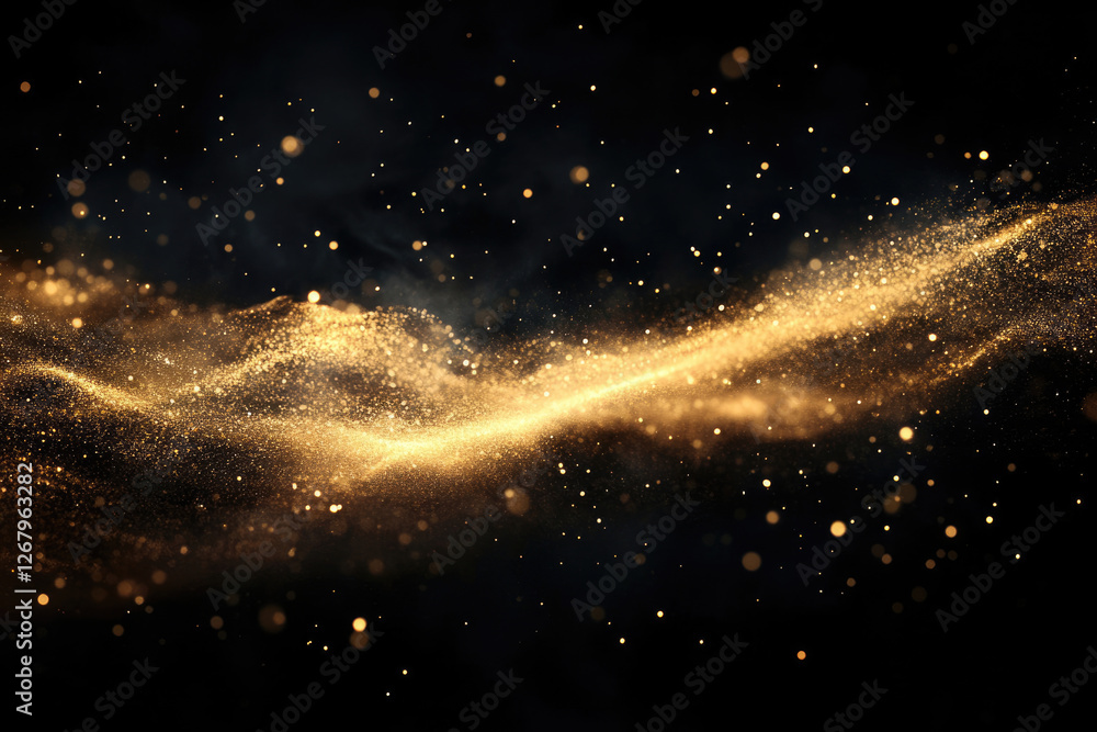 Aufkleber Golden particles flowing like a wave in the dark, creating a mesmerizing cosmic effect.