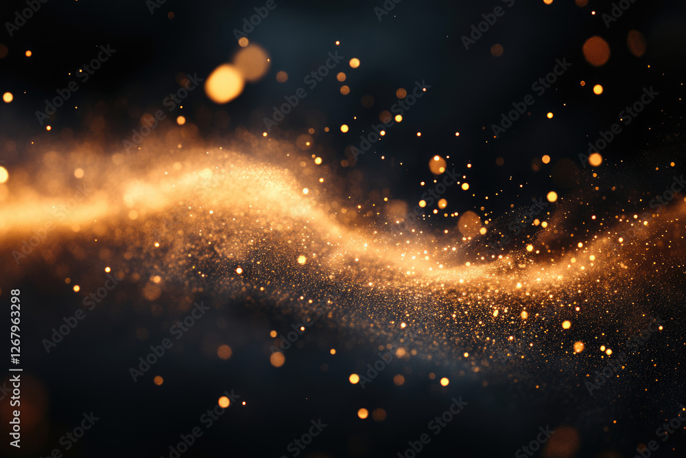Poster Golden particles floating in a dark space, creating a magical, ethereal, and luxurious effect.