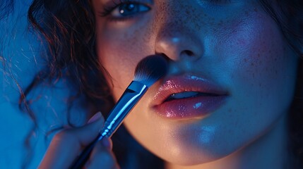 Obraz premium Woman applying makeup, close-up, blue light, beauty