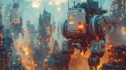 Futuristic Mech Walking Above A Luminous Cityscape