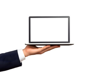 A close-up of a male hand holding a laptop with a blank screen, showcasing modern workspace technology.