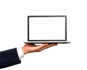 A close-up of a male hand holding a laptop with a blank screen, showcasing modern workspace technology.