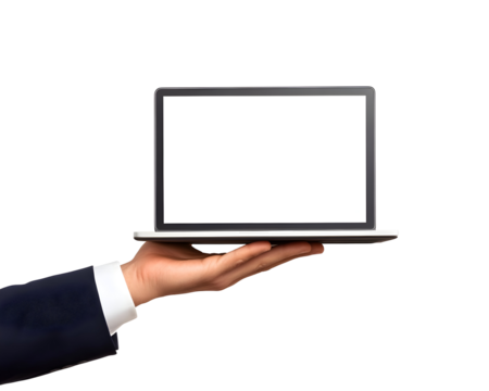 A close-up of a male hand holding a laptop with a blank screen, showcasing modern workspace technology.