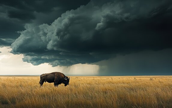 National Geographic Powerful Buffalo standing alone in a vast prairie, dark storm clouds rolling in the distance
