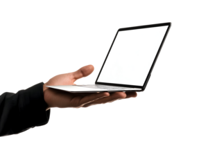 A close-up of a male hand holding a laptop with a blank screen, showcasing modern workspace technology.