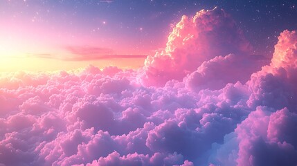 Pink sunrise above cloudscape, aerial view,  starry sky, travel brochure