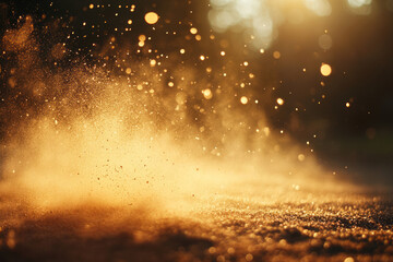 Fototapeta premium Golden dust particles suspended in air, illuminated by warm sunlight, creating a magical, ethereal scene.
