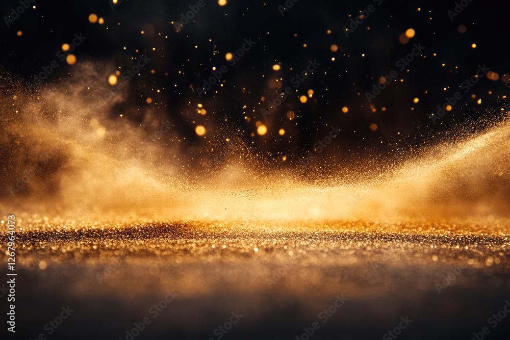 Poster golden glitter particles and dust illuminate a dark background, creating a magical, sparkling effect