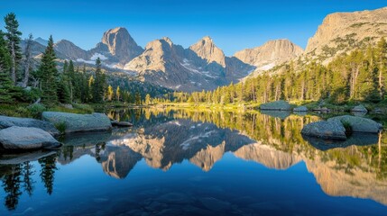 Obraz premium National Geographic Serene mountain lake reflecting the towering peaks and clear blue sky.