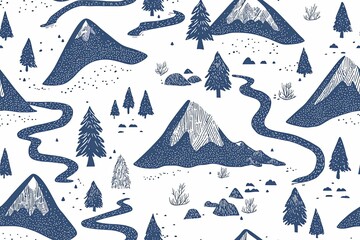 Fototapeta premium Mountains, trees, and rivers, outdoor adventure-themed hand-drawn seamless pattern.
