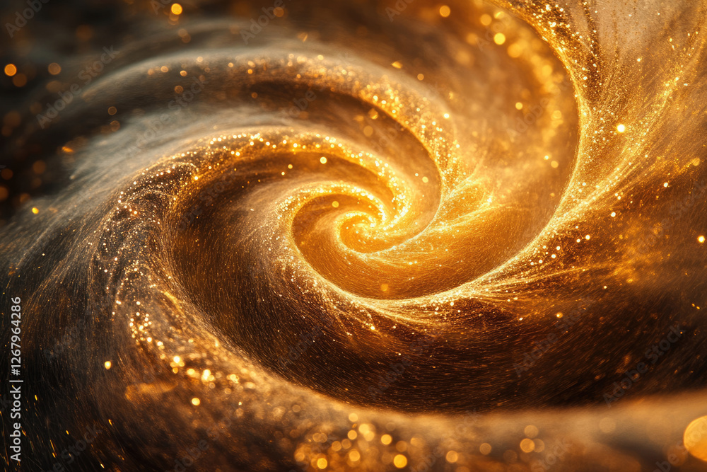 Poster a mesmerizing golden spiral of light and sparkles, resembling a cosmic vortex or celestial swirl.