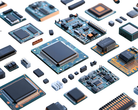 A collection of detailed electronic circuit boards showcasing various microchips and digital advancements.