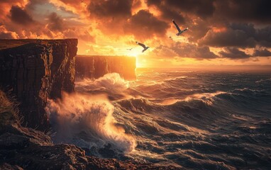 Fototapeta premium National Geographic style, a dramatic coastal cliffside with massive waves crashing against jagged rocks, the golden hour light painting the sky in fiery hues, seagulls soaring above the ocean
