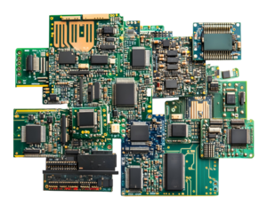 A collection of detailed electronic circuit boards showcasing various microchips and digital advancements.