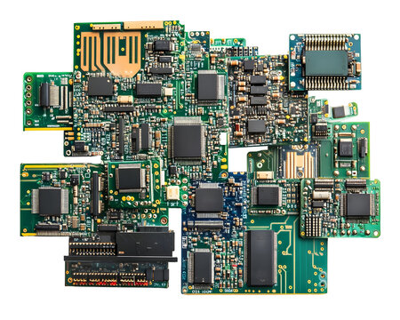A collection of detailed electronic circuit boards showcasing various microchips and digital advancements.