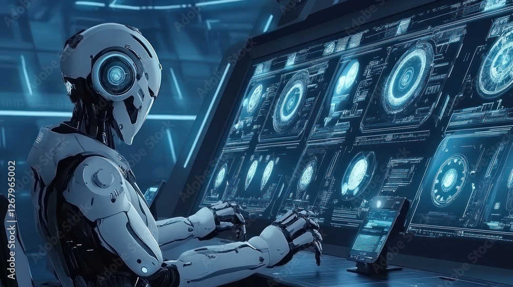 Poster advanced robot operates futuristic technology interface