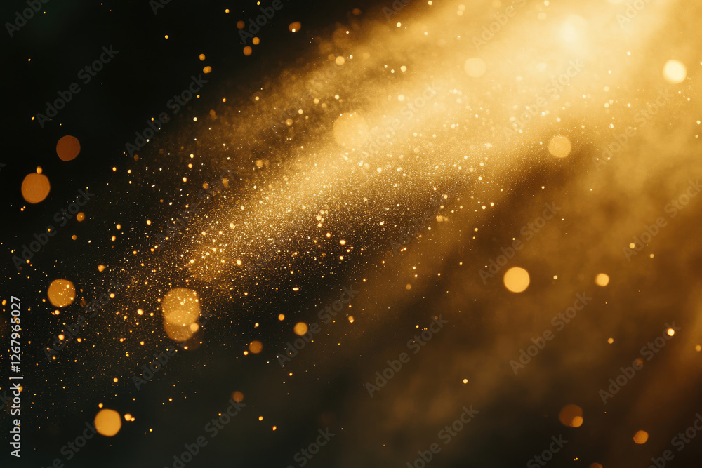 Poster golden dust particles and light beams illuminate a dark background, creating a magical, sparkly effe