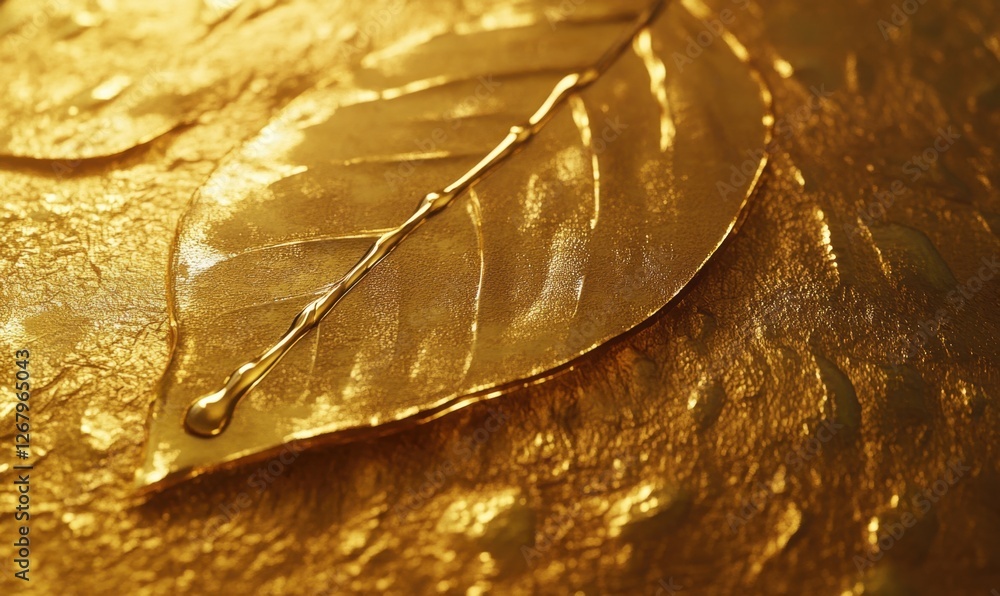Poster close-up of an intricately designed golden leaf texture with a smooth finish and subtle shine