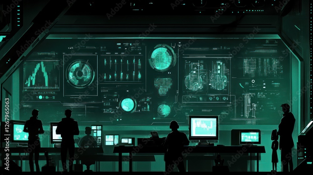 Poster futuristic control room team monitoring data streams