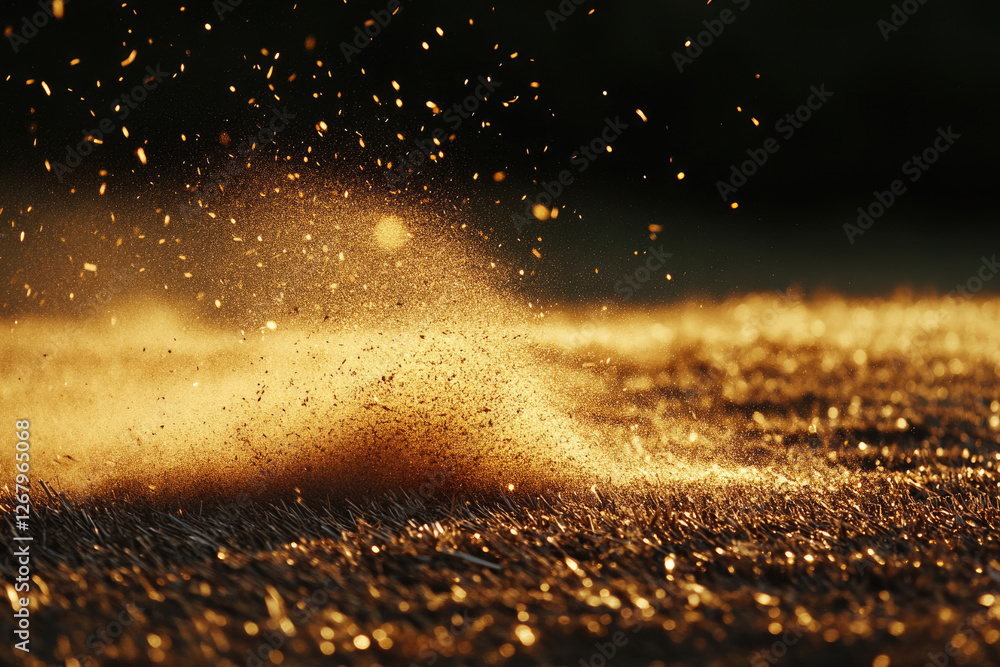 Poster golden dust particles rise and scatter across a dark field, illuminated by a bright light source.