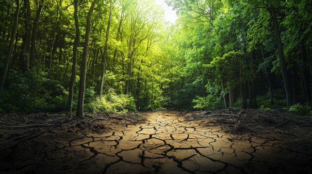 This image features a vivid contrast between a vibrant green forest canopy and the cracked, dry ground below, highlighting the stark realities of environmental degradation.