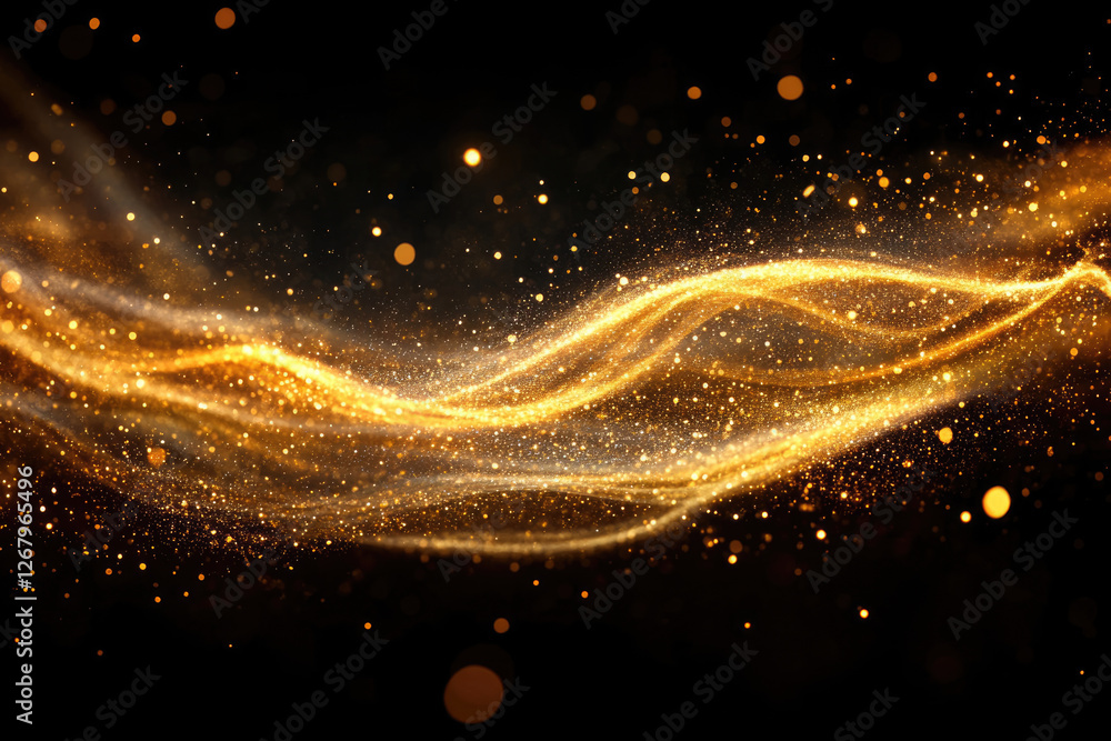 Poster A mesmerizing wave of golden glitter sparkles on a transparent background, creating a luxurious and elegant visual.