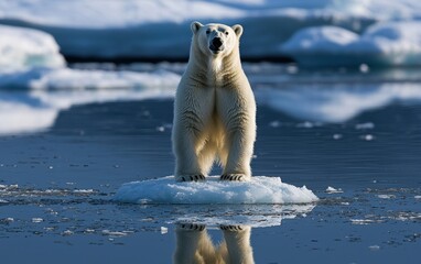 National Geographic Towering Polar Bear standing on a floating ice sheet, massive paws gripping the frozen surface, crisp Arctic air swirling around
