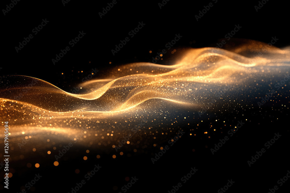 Poster abstract golden particles wave flowing on transparent background, luxurious glittering texture.