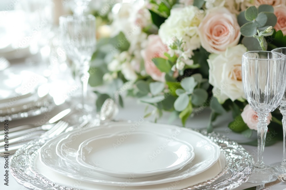 Aufkleber elegant dining setup with floral centerpiece and fine tableware for a special occasion. generative a