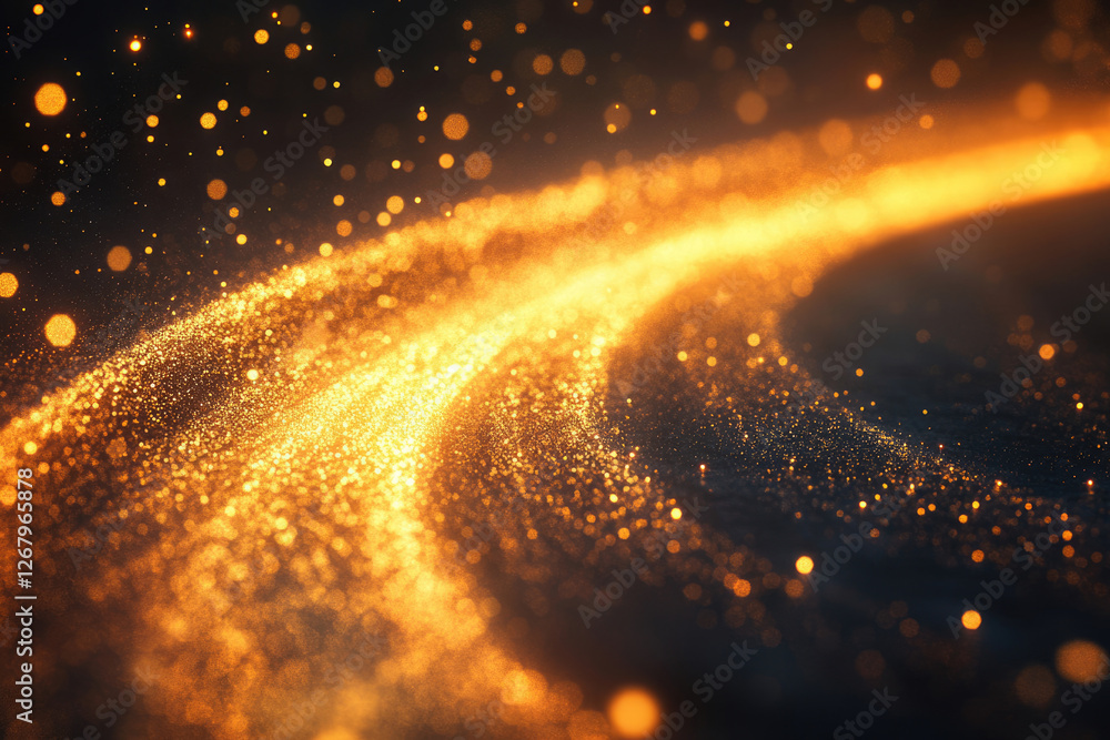 Poster golden glittering particles swirl in a dark background, creating a magical, cosmic effect.