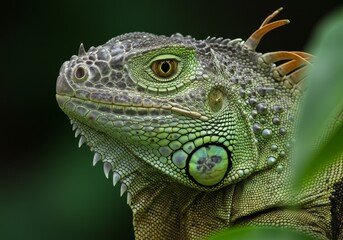 Fototapeta premium Close-up photograph of a green iguana with detailed scaly skin and a large, expressive eye, positioned with a blurred dark green background and soft natural lighting.