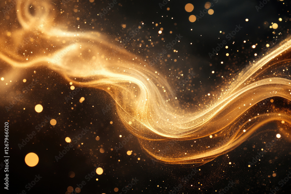 Poster Abstract golden wave with sparkling particles on a transparent background. Luxurious and elegant design.