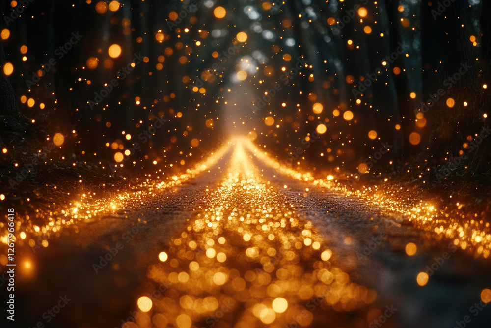 Aufkleber a magical forest path illuminated by golden lights, creating a dreamy and enchanting scene.