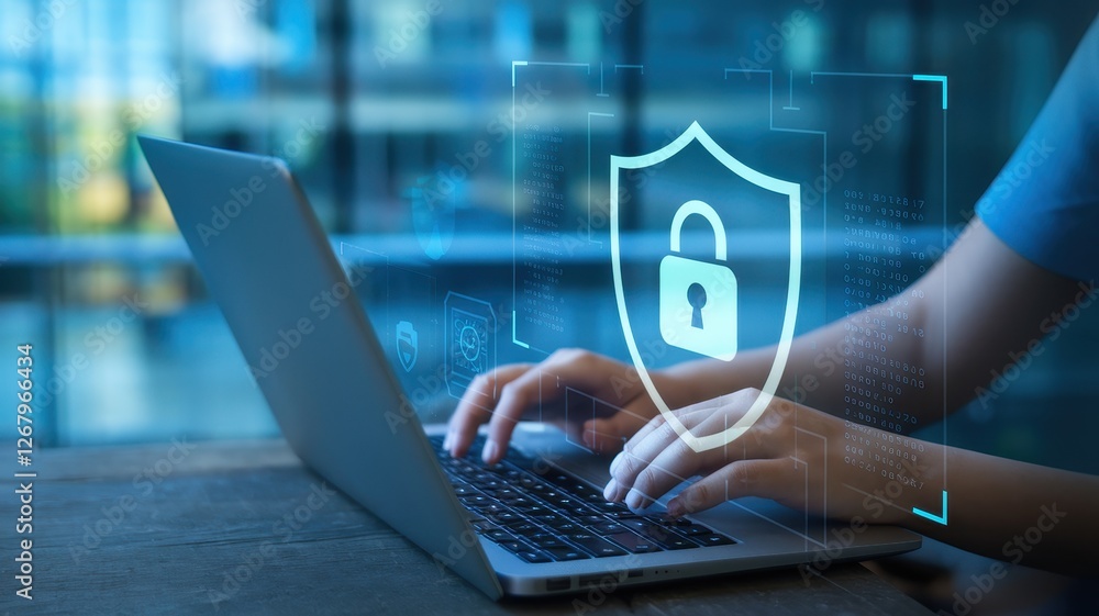 Poster hands typing on laptop with cybersecurity shield overlay image
