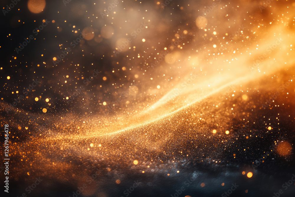 Aufkleber golden glitter particles swirl in a dark background, creating a magical, luxurious and sparkling eff