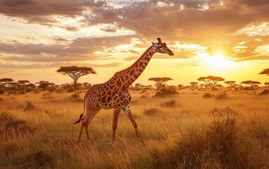 Obraz premium , National Geographic Towering Giraffe gracefully moving through golden African plains, acacia trees in the distance, warm sunset casting a glow
