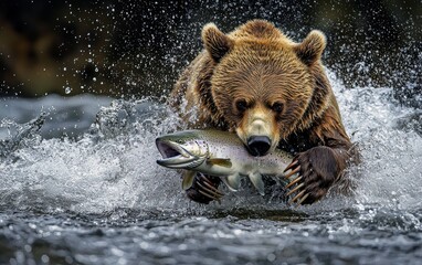 Fototapeta premium National Geographic Wild Brown Bear fishing in a fast-moving river, sharp claws grasping a leaping salmon, water droplets splashing around