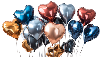 A collection of metallic helium balloons in star, heart, and round shapes, floating gracefully.