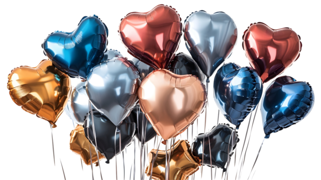 A collection of metallic helium balloons in star, heart, and round shapes, floating gracefully.