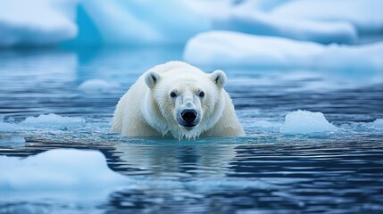 Naklejka premium Polar bear swimming through icy Arctic waters, small icebergs floating around.