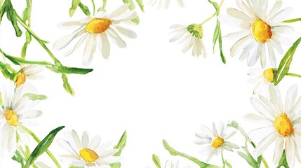 Fototapeta premium Cheerful Watercolor Floral Frame with Fresh White Daisies and Yellow Centers on Green Stems