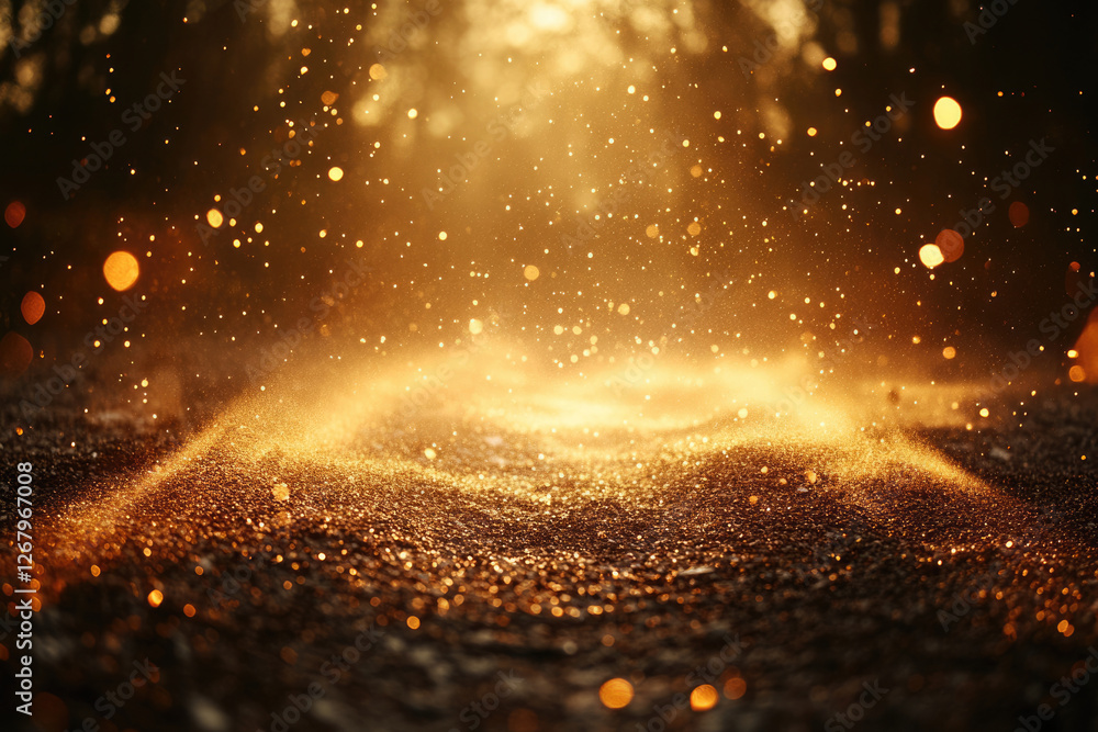 Poster golden glitter sparkles on a dark surface, illuminated by warm sunlight, creating a magical, etherea