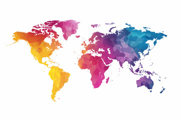 Bright stylized world map in colorful clipart style showcasing continents with vibrant hues and abstract design elements