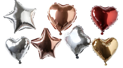A collection of metallic helium balloons in star, heart, and round shapes, floating gracefully.