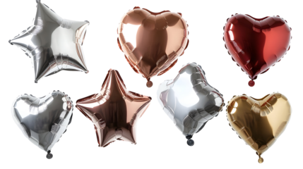 A collection of metallic helium balloons in star, heart, and round shapes, floating gracefully.