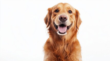 Fototapeta premium Playful golden retriever with a happy expression sitting on a bright white background.