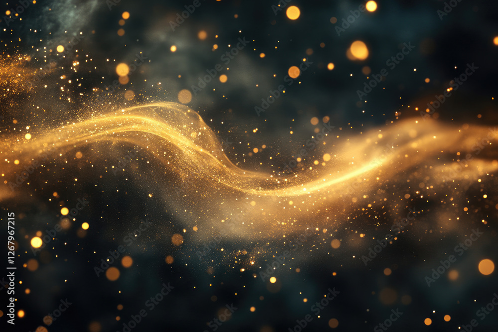 Poster golden particles swirl in a dark background, creating a magical, ethereal glow with bokeh effects.