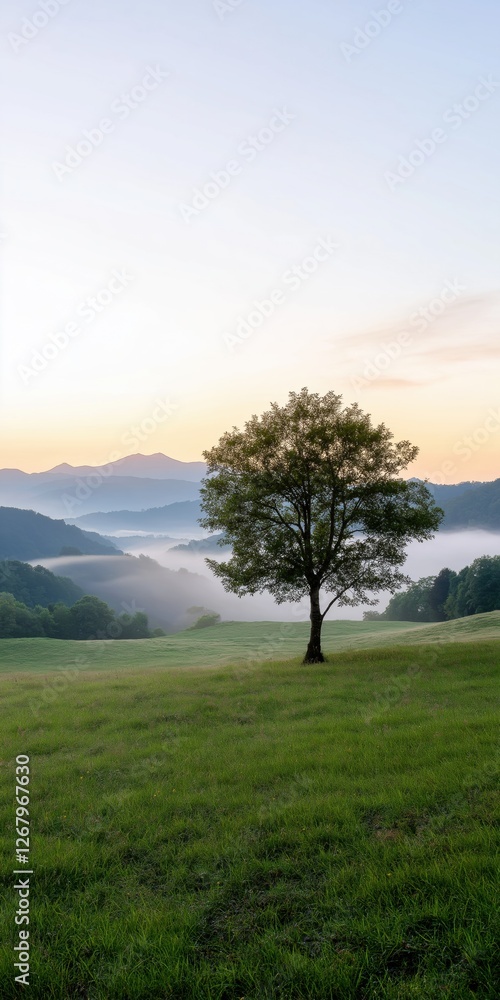 Aufkleber a tree stands in a field with a beautiful view of the mountains in the background. the sky is a mix 